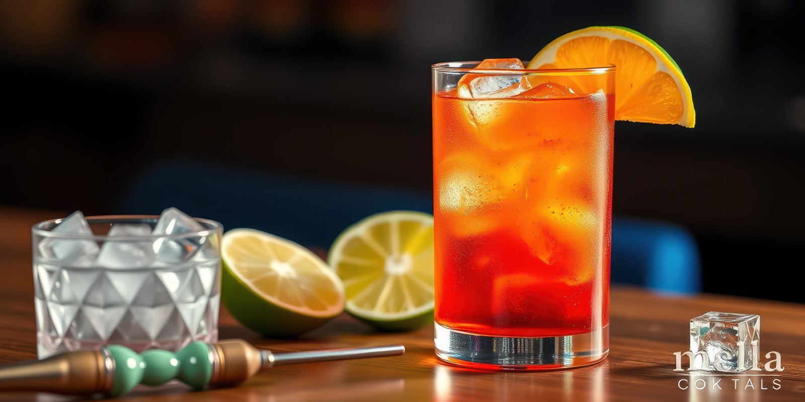 Refreshing cocktail served with ice and citrus fruits on a wooden table in a cozy bar setting during evening hours